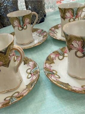 Set of 4 Hand Painted Vintage Nippon Tea or Hot Chocolate Cups & Saucers